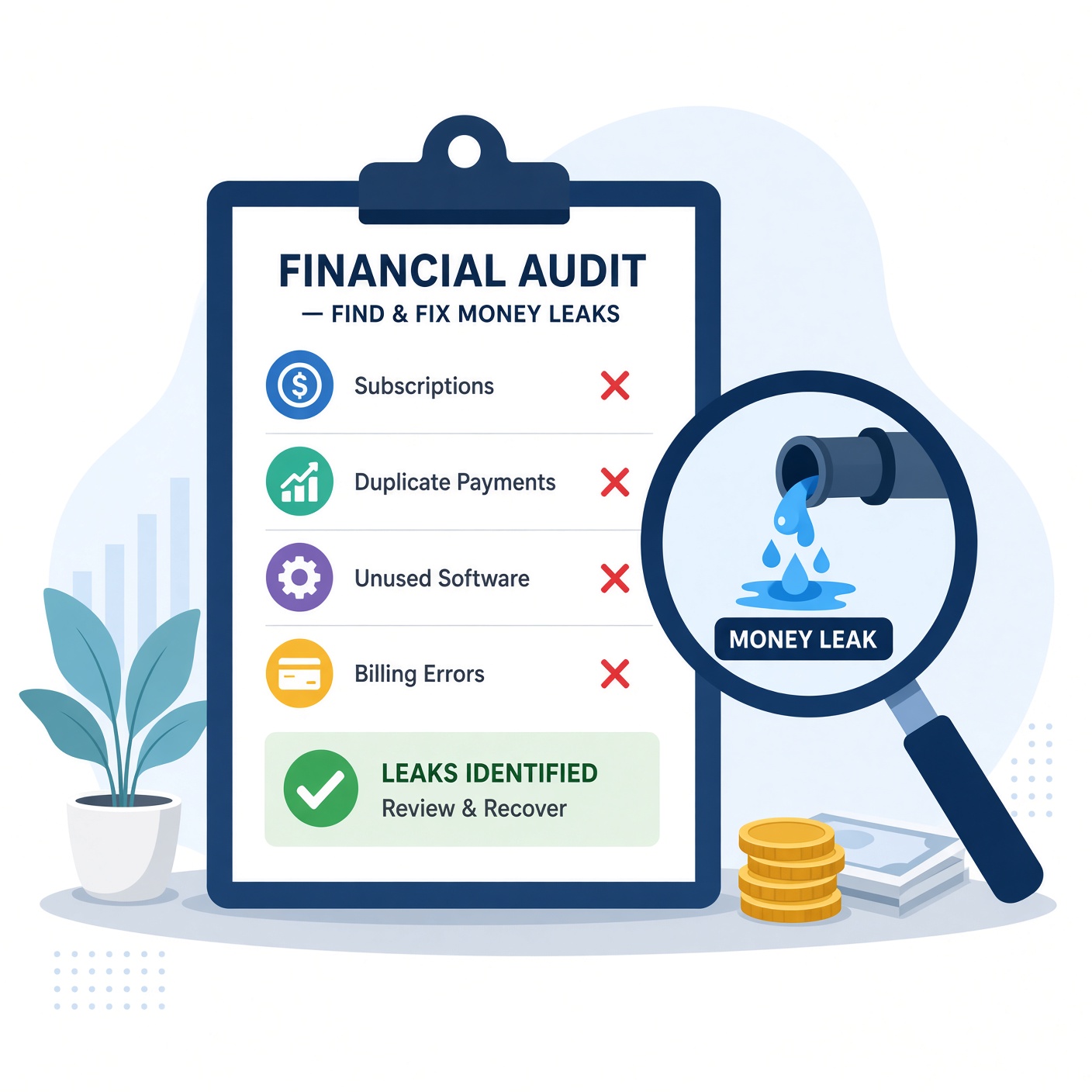 Illustration of a financial audit checklist covering subscriptions, duplicate payments, unused software, and billing errors.