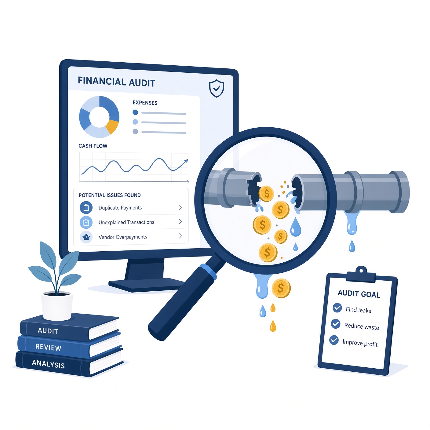 Illustration of a financial audit dashboard, a magnifying glass over coins leaking from a pipe, and an audit-goal checklist.